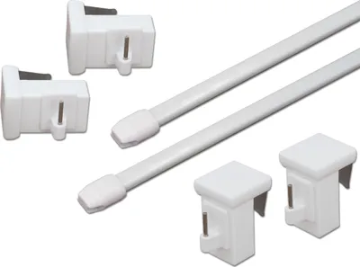 A set of white adjustable curtain rods and their mounting hardware are arranged on a white background.