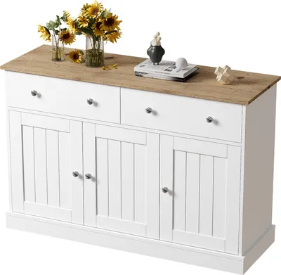 Immagine prodotto di Fortuna Lai Credenza testurizzata con incisione, 3 ante e 2 cassetti, apertura a pressione, maniglie in argento, bianco