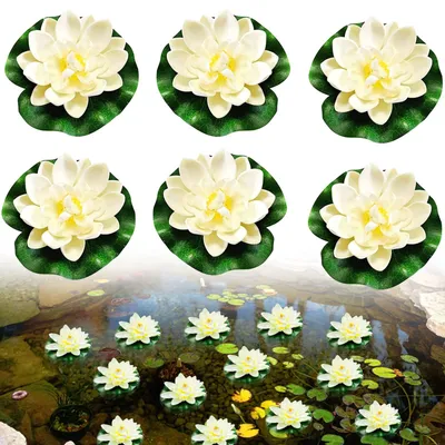 Image de Fleurs flottantes, nénuphars, nénuphars artificiels, lotus blancs artificiels, plantes de bassin artificielles, décorations flottantes pour bassin de jardin, terrasse, aquarium