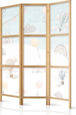 Produktbild von 3-teiliger Einseitiger Vlies Japanischer Paravent - Balloons in the Sky - Balloons in Pastel Colors Flying Through a Cloudy Sky - Among Rainbows and Stars. 135x172 cm Für Kinder e-C-10070-bh-a