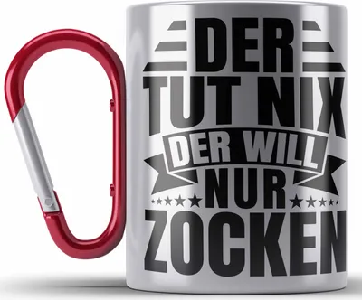 Produktbild von Trendation - Zocker Edelstahl Tasse Karabiner Geschenk Gamer Geschenkidee Lustiger Spruch Gaming Geburtstag Der Tut Nix Der Will Nur Zocken (Rot)