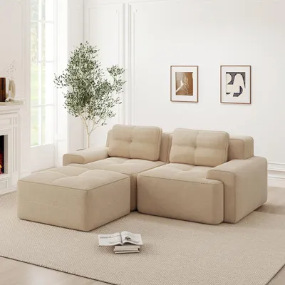 Zdjęcie produktu dla Sofa Cloud z tkaniny sztruksowej w kształcie litery L, modułowa sofa bezramowa z głębokim siedziskiem, z podnóżkiem, 204 x 177 x 69 cm, beżowa