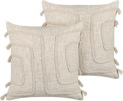 Produktbild von BELIANI Dekokissen 2er Set Hellbeige Baumwolle 45 x 45 cm Bezug mit Füllung Reißverschluss Strukturiert Geometrisches Muster Boho Wohnzimmer Bettdeko