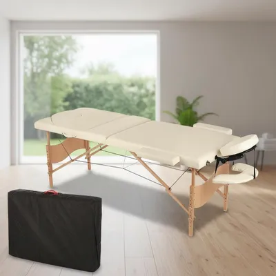 Produktbild von Massageliege 3-Zonen Holzgestell höhenverstellbar Creme mit Tragetasche
