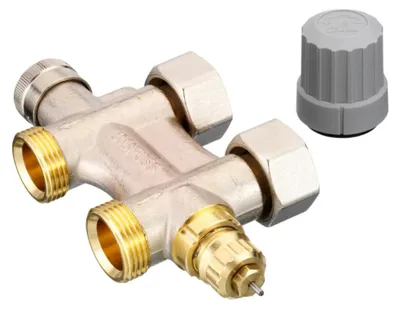 A thermostatic valve and a separate grey cap are shown against a white background.