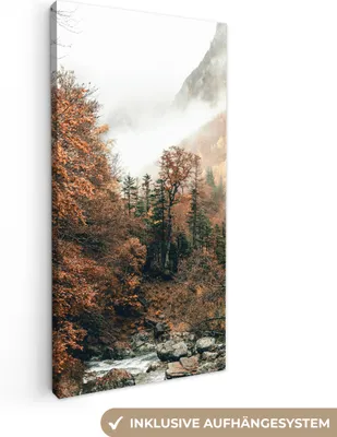 Produktbild von MuchoWow® - Leinwandbilder - Natur - Wald - Nebel - Herbst, Wandbild, Wanddeko Bilder Wohnzimmer, 40x80 cm