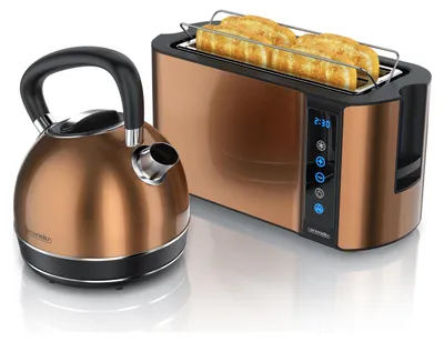 Produktbild von Arendo Frühstücks-Set, Wasserkocher Edelstahl 1,7l, 4 Scheiben Langschlitztoaster, 4 Scheiben Toaster, Frühstücksset, Wasserkocher Retro, Brötchenaufsatz, Touch, kupfer