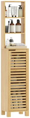 Image de Armoire de salle de bain - Meuble étroit et haut - Bois de bambou - 3 étagères ouvertes - Étagères réglables - Porte à lamelles - Dimensions : 34 x 30 x 170 cm - Bois naturel