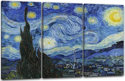Produktbild von Leinwandbild 3-teilig (120x80cm): Vincent van Gogh - Die Sternennacht (1889), echter Holz-Keilrahmen inkl. Aufhänger, handgefertigt in Deutschland