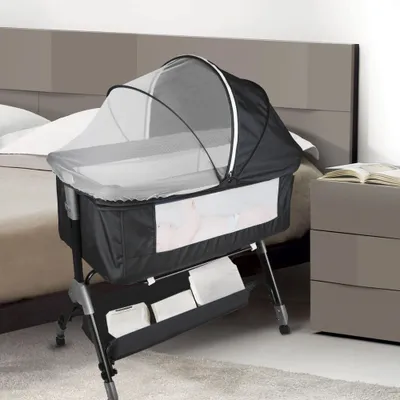 Produktbild von 2 in1 Beistellbett Baby,Babybetten Reisebett Babybett Höhenverstellbar, Kinderbett inkl. Matratze und Moskitonetz Schwarz