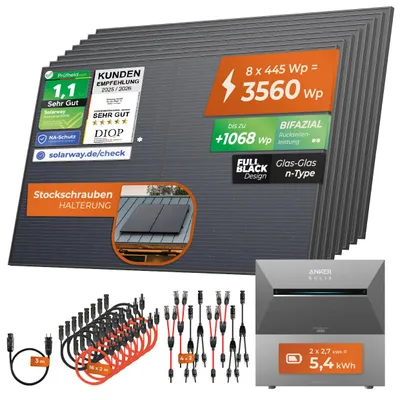 Produktbild von Solarway® All In One Balkonkraftwerk mit Speicher 3560W komplett Steckdose - 5,4 kWh Anker Solix 3 PRO Speicher