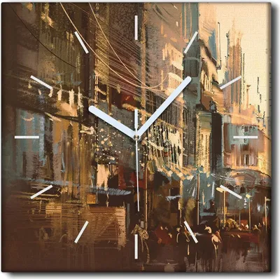 Produktbild von Coloray Uhr auf Leinwand 30x30 cm Wand Uhr Dekoration Wohnzimmer Segeltuch weiße Zeiger -Stadtgebäude Menschen.