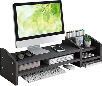 Produktbild von PolkaHome® Monitorerhöhung mit Stauraum – Laptopständer aus Holz, Schreibtisch-Organizer, Bildschirm-Erhöhung, Schwarz