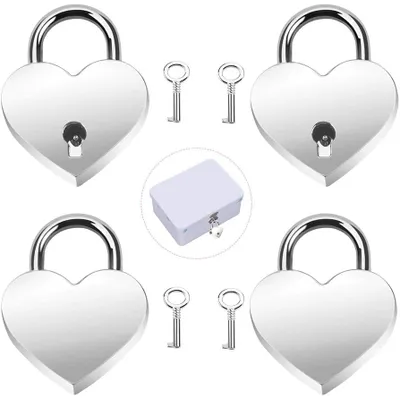Produktbild von Herzform Schloss Liebesschloss Herzschloss 4 Stück Herz Liebe Vorhängeschloss mit Schlüssel Mini Schloss für Tagebuch Geschenkbox, Silber