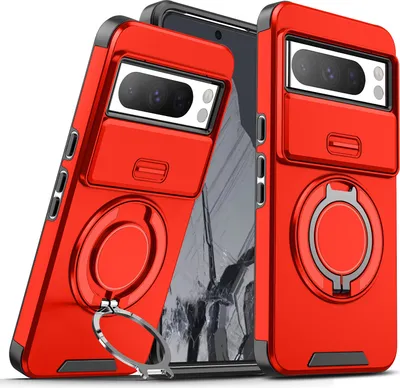 Immagine prodotto di Custodia a doppio strato per Goolge Pixel 8 Pro, con copertura scorrevole della fotocamera e supporto ad anello magnetico Rosso