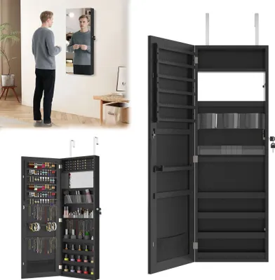 Image de TWOLIIN Miroir armoire à bijoux murale Rangement pour bijoux Suspendu avec serrure de sécurité Armoire à glace 2 en 1 à monter au mur ou à suspendre 107,5 x 36,5 x 9,5 cm Noir