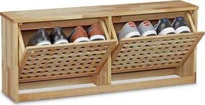 Produktbild von Relaxdays Schuhkipper Walnuss, massiv Holz, HxBxT:38x94x20cm, Schuhkommode/Schuhregal, moderne Aufbewahrung, natur