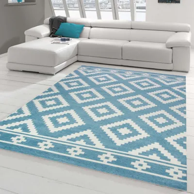 Produktbild von Teppich modern Orientteppich Wohnzimmer Teppich Marokkanisches Muster in blau weiß Größe - 200 x 290 cm