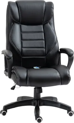 A black office chair on a white background.