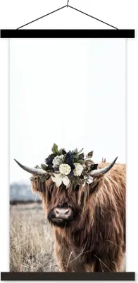 Produktbild von MuchoWow® Textilposter Schottisches Hochlandrind - Blumen - Tiere 60x120 cm mit schwarzem Rahmen - Magnete