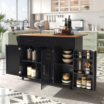 A kitchen island with storage and a wooden countertop is shown in a kitchen setting.