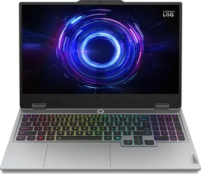 A Lenovo LOQ gaming laptop is shown from the front, open with the screen displaying a colorful graphic. The keyboard is illuminated with RGB lighting.