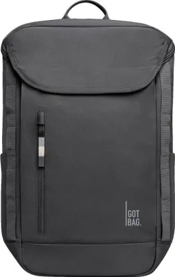 A front view of a black backpack.