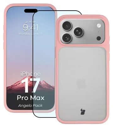 Produktbild von Schutzhülle + gehärtetem Glas für iPhone 17 Pro Max, Bizon Angelo Pack, Semitransparent mit hellrosem Rahmen