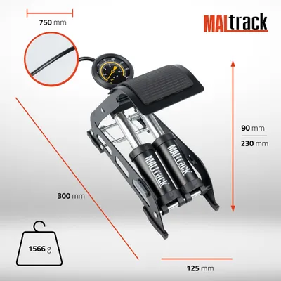 Produktbild von MalTrack Fahrrad-Fußpumpe, mit Manometer, für Fahrräder, Autos, Matratzen, Sport- & Freizeitartikel, Robuste & kompakte Bauweise, Doppelte Verschlusssicherung, 750mm Schlauch, Maße zusammengeklappt: H 90mm, L 300mm, B 125mm, inkl. 1 Sportnadel & 2 Ventile