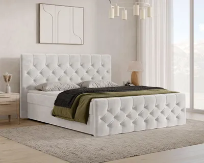 Produktbild von Chesterfield Boxspringbett, Kontinentalbett aus Samt, Polsterbett, dekorativem Kopfteil Doppelbett mit Bonell-Matratze, Topper und Bettkasten (gepolstertes Kopfteil, Boxspring) - Boxspringbett 13 140x200 – Creme (Flow 07)