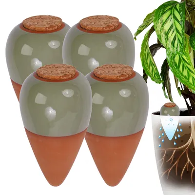 Produktbild von Relaxdays Tonkegel Bewässerung, 4er Set, 350 ml, Gießhelfer mit Deckel, Zimmerpflanzen & Balkonkästen, terrakotta/salbei