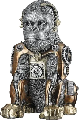 Immagine prodotto di GILDE Figur, Gorilla, "Steampunk Gorilla", Zahnrädermotiv, Kunstharz, silberfarben, VE 1, L. 23.5 cm, B. 17.5 cm, H. 31 cm