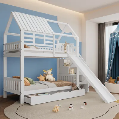 Productafbeelding van STILVORA Etagebed 90x200 met lade eronder en valbeveiligingsrek, kinderbed in huisvorm met glijbaan en trap, jeugdbed met opbergruimte en lattenbodem, zonder matras, wit