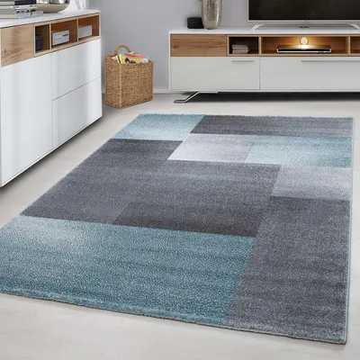 Productafbeelding van Ayyildiz Moderne en design vloerkleden Blauw 240x340 cm Laagpolig vloerkleed, geruit patroon, blauwe, vloerkleed voor de woonkamer, jute achterkant