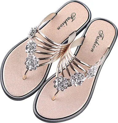 Produktbild von Frauen Sandalen Sommerschuhe lässige Flachschuhe Pantoffeln mit Strasssteinen Flat Heel, Farbe: Gold, Größe: 36