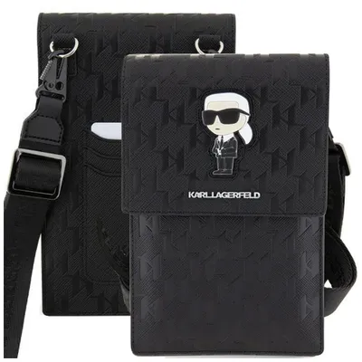 A black Karl Lagerfeld crossbody bag with a monogram pattern and a cartoonish Karl Lagerfeld figure on the front flap.