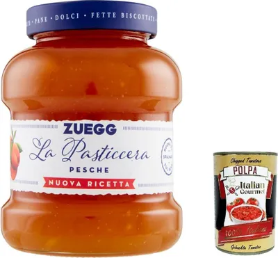 Produktbild von 6x Zuegg La Pasticceria Pesca, Marmelade Pfirsiche Konfitüre Brotaufstriche Italien 700 g + Italian Gourmet polpa 400g