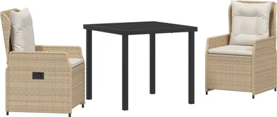 Produktbild von Möbel 3-teiliges Garten Essset Beige Poly-Rattan, Gartentisch Schwarz 80x80x73 cm Temperglas - Gartenstühle 3380967