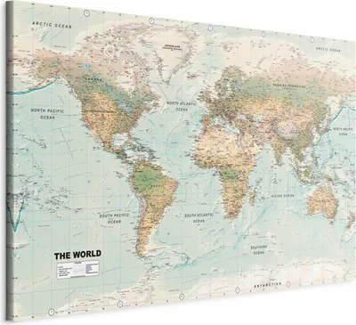 Produktbild von Vliesstoff Leinwandbild - World Map: Beautiful World 90x60 cm Karten k-A-0207-b-d