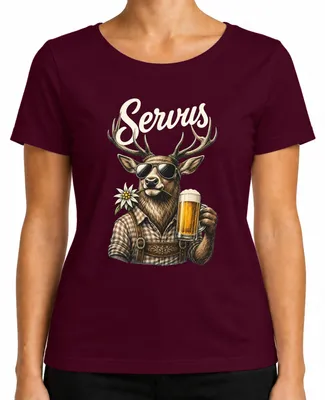 Productafbeelding van Servus Hirsch Edelweiß Bier, , traditioneel kledingstuk, herenhemd, lederen broek, dames T-shirt, bordeauxrood, maat S
