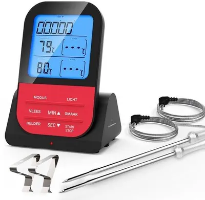 Image de Thermomètre à sonde électrique - Thermomètre sans fil pour barbecue, avec minuterie, écran LCD et 2 capteurs