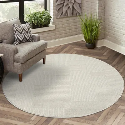 Produktbild von Teppich Kurzflor Wohnzimmer - Beige - 160 cm Rund -  Geometrisch, Gestreift - 3D-Effekt
