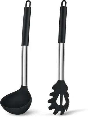 Produktbild von Suppenkelle und Spaghettilöffel Set, 2-teilig, Silikon mit Edelstahlgriff, hitzebeständig, für die Küche