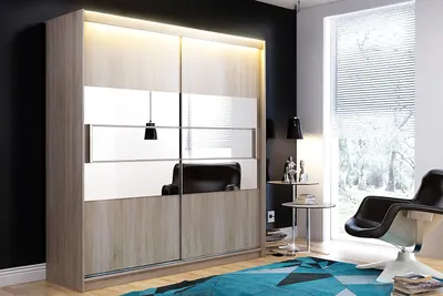 Obrázek produktu pro Dvoukřídlá posuvná skříň LUIS 200 × 215 × 60 cm v barvě dub Sonoma se zrcadlem a LED osvětlením – prostorná, moderní a funkční