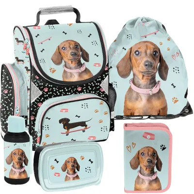 Produktbild von Schulranzen 5-tlg. Set für Mädchen & Jungen DACKEL – Paso Ranzen, Mäppchen, Tasche, Flasche, Frühstückstasche