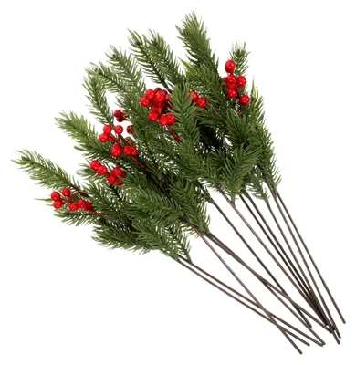 Produktbild von 12 Stück künstliche Kiefernzweige mit Tannenbeeren für Kranzschmuck und Heimdekoration