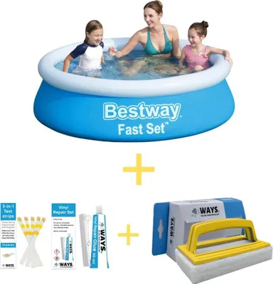 A family is enjoying a Bestway Fast Set pool, with accessories shown below.