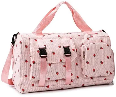 Produktbild von Sporttasche für Kinder, Mädchen, Erdbeermotiv, Cord, Reisetasche, Weekender, Schwimmtasche mit Schuhfach und Nassfach