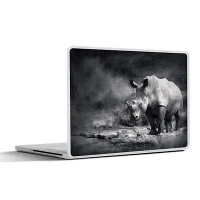 Produktbild von MuchoWow® Laptop Aufkleber Sticker Cover Rhinozeros - Natur - Gras - Schwarz - Weiß 25x18 cm - Laptop-Deko