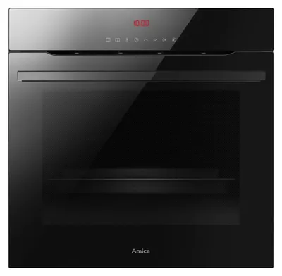 A front view of a black built-in oven with a digital display showing the time.